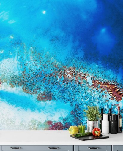 mural de pared azul abstracto del océano personalizable llamado Into the Blue de Petra Meikle de Vlas para baños y dormitorios