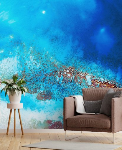 fresque murale abstraite bleue personnalisable sur l'océan appelée Into the Blue par Petra Meikle de Vlas pour les salles de bain et les chambres