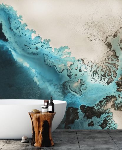 blue and golden sand customizable ocean wall mural called Maritime Majesty by Petra Meikle de Vlas for bathrooms and kitchens