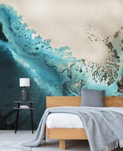blue and golden sand customizable ocean wall mural called Maritime Majesty by Petra Meikle de Vlas for bathrooms and kitchens