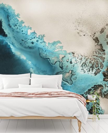 blauw en goudkleurig zand aanpasbare oceaanmuurschildering genaamd Maritime Majesty van Petra Meikle de Vlas voor badkamers en keukens blauw en goudkleurig zand aanpasbare oceaanmuurschildering genaamd Maritime Majesty van Petra Meikle de Vlas voor badkamers en keukens