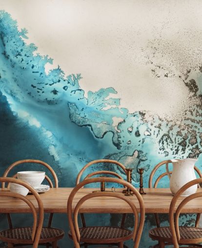 blauw en goudkleurig zand aanpasbare oceaanmuurschildering genaamd Maritime Majesty van Petra Meikle de Vlas voor badkamers en keukens