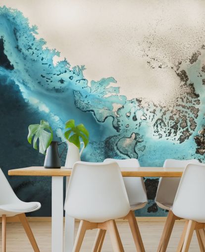 mural de parede oceânica personalizável de areia azul e dourada chamado Maritime Majesty de Petra Meikle de Vlas para banheiros e cozinhas