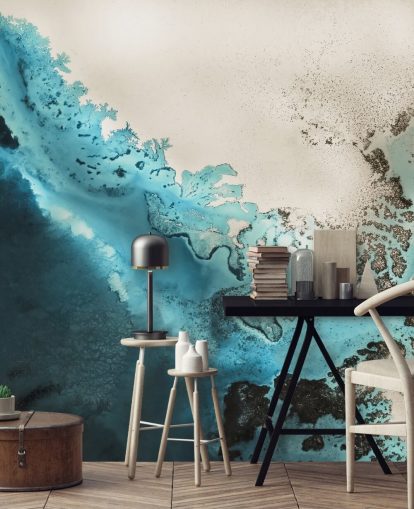 fresque murale personnalisable sur l'océan bleu et doré appelée Maritime Majesty par Petra Meikle de Vlas pour les salles de bain et les cuisines