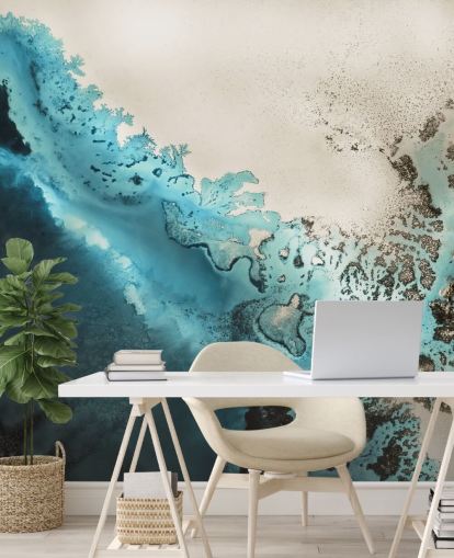 blauw en goudkleurig zand aanpasbare oceaanmuurschildering genaamd Maritime Majesty van Petra Meikle de Vlas voor badkamers en keukens blauw en goudkleurig zand aanpasbare oceaanmuurschildering genaamd Maritime Majesty van Petra Meikle de Vlas voor badkamers en keukens