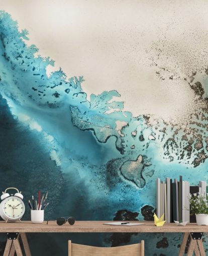 Personalisierbares Ozean-Wandbild mit blauem und goldenem Sand namens Maritime Majesty von Petra Meikle de Vlas für Badezimmer und Küchen