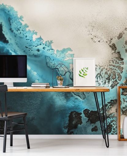 blauw en goudkleurig zand aanpasbare oceaanmuurschildering genaamd Maritime Majesty van Petra Meikle de Vlas voor badkamers en keukens