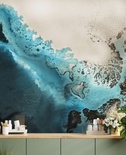 mural de pared oceánico personalizable de arena azul y dorada llamado Maritime Majesty de Petra Meikle de Vlas para baños y cocinas