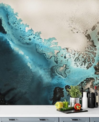 blå och gyllene sand anpassningsbar havsväggmålning kallad Maritime Majesty av Petra Meikle de Vlas för badrum och kök