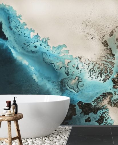 fresque murale personnalisable sur l'océan bleu et doré appelée Maritime Majesty par Petra Meikle de Vlas pour les salles de bain et les cuisines