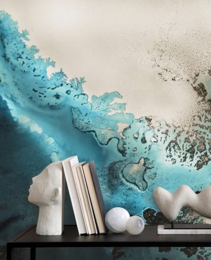 fresque murale personnalisable sur l'océan bleu et doré appelée Maritime Majesty par Petra Meikle de Vlas pour les salles de bain et les cuisines