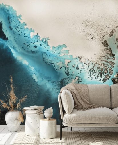 mural de pared oceánico personalizable de arena azul y dorada llamado Maritime Majesty de Petra Meikle de Vlas para baños y cocinas