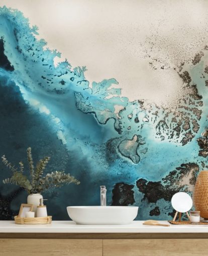 blue and golden sand customisable ocean wall mural called Maritime Majesty by Petra Meikle de Vlas for bathrooms and kitchens