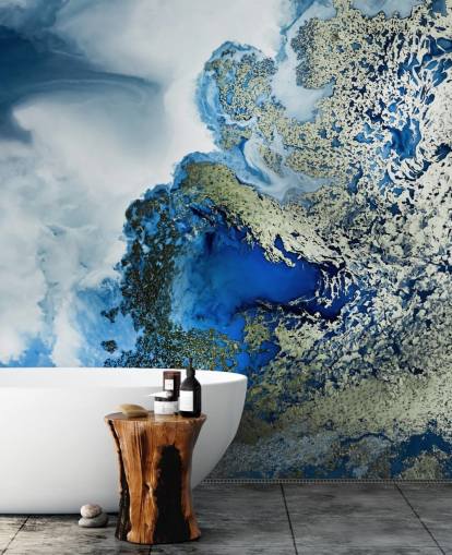 mural de parede abstrato personalizável em azul, branco e dourado chamado Midnight Reef de Petra Meikle de Vlas