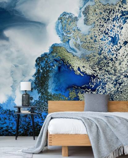 Personalisierbares abstraktes Wandbild in Blau, Weiß und Gold namens Midnight Reef von Petra Meikle de Vlas Personalisierbares abstraktes Wandbild in Blau, Weiß und Gold namens Midnight Reef von Petra Meikle de Vlas