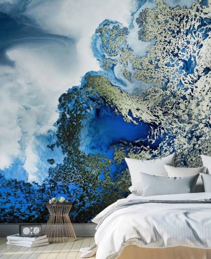 mural de parede abstrato personalizável em azul, branco e dourado chamado Midnight Reef de Petra Meikle de Vlas