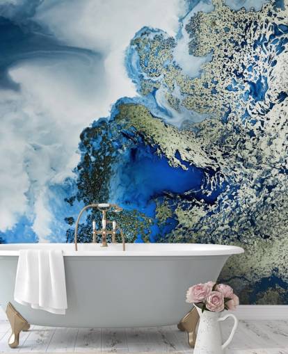 mural de pared abstracto personalizable azul, blanco y dorado llamado Midnight Reef de Petra Meikle de Vlas