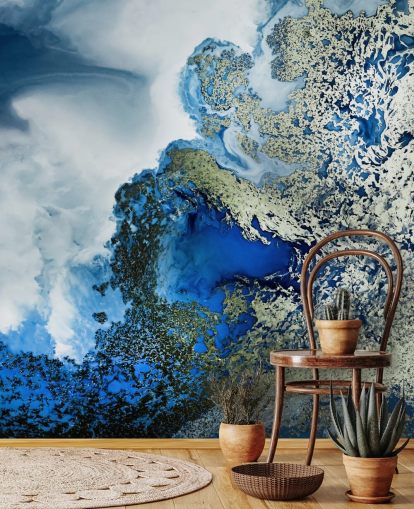 blue, white and gold customisable abstract wall mural called Midnight Reef by Petra Meikle de Vlas