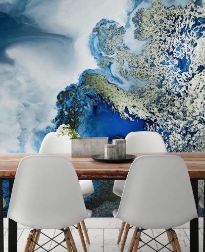 blauw, wit en goud aanpasbare abstracte muurschildering genaamd Midnight Reef van Petra Meikle de Vlas