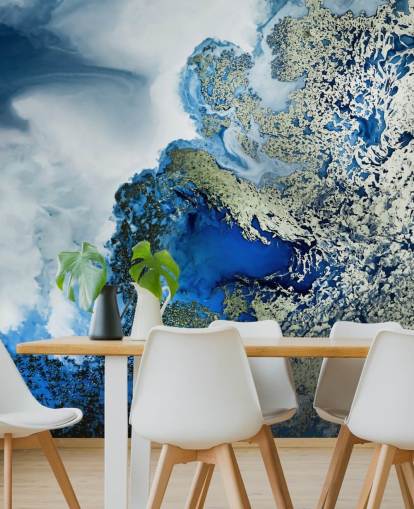 mural de parede abstrato personalizável em azul, branco e dourado chamado Midnight Reef de Petra Meikle de Vlas mural de parede abstrato personalizável em azul, branco e dourado chamado Midnight Reef de Petra Meikle de Vlas