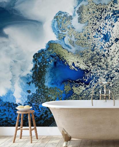 fresque murale abstraite personnalisable bleue, blanche et dorée intitulée Midnight Reef par Petra Meikle de Vlas