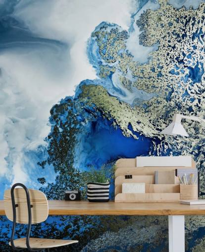 mural de pared abstracto personalizable azul, blanco y dorado llamado Midnight Reef de Petra Meikle de Vlas