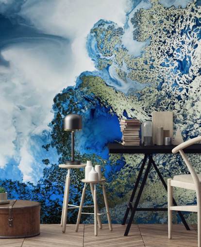 fresque murale abstraite personnalisable bleue, blanche et dorée intitulée Midnight Reef par Petra Meikle de Vlas