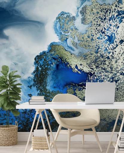 mural de pared abstracto personalizable azul, blanco y dorado llamado Midnight Reef de Petra Meikle de Vlas