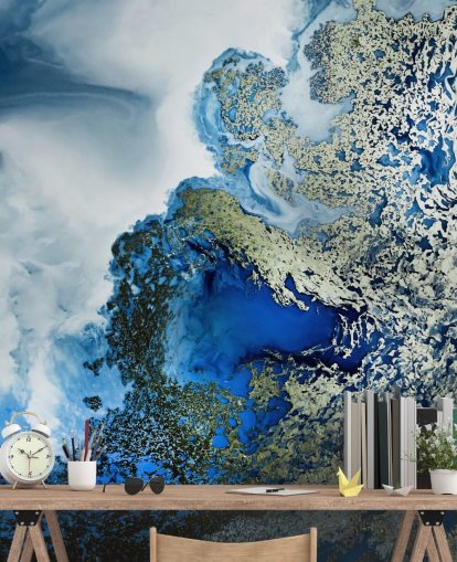 blue, white and gold customisable abstract wall mural called Midnight Reef by Petra Meikle de Vlas
