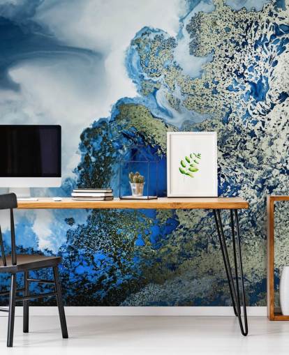 fresque murale abstraite personnalisable bleue, blanche et dorée intitulée Midnight Reef par Petra Meikle de Vlas