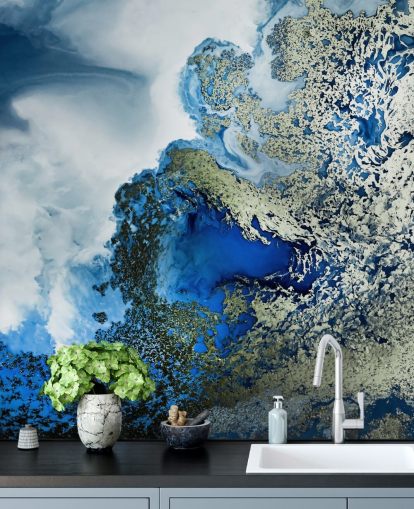 blue, white and gold customisable abstract wall mural called Midnight Reef by Petra Meikle de Vlas