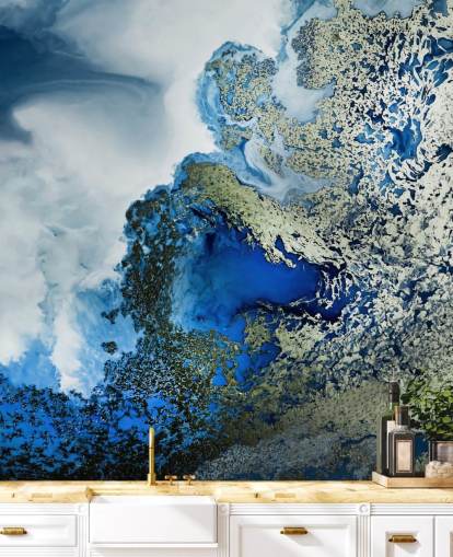 mural de parede abstrato personalizável em azul, branco e dourado chamado Midnight Reef de Petra Meikle de Vlas