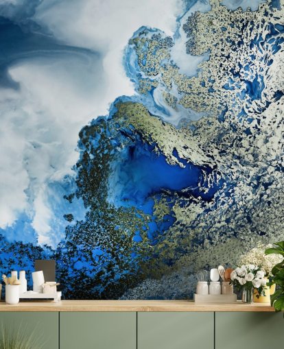 Personalisierbares abstraktes Wandbild in Blau, Weiß und Gold namens Midnight Reef von Petra Meikle de Vlas Personalisierbares abstraktes Wandbild in Blau, Weiß und Gold namens Midnight Reef von Petra Meikle de Vlas