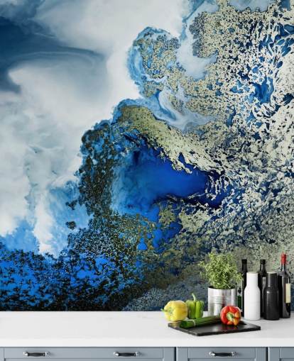 blauw, wit en goud aanpasbare abstracte muurschildering genaamd Midnight Reef van Petra Meikle de Vlas blauw, wit en goud aanpasbare abstracte muurschildering genaamd Midnight Reef van Petra Meikle de Vlas