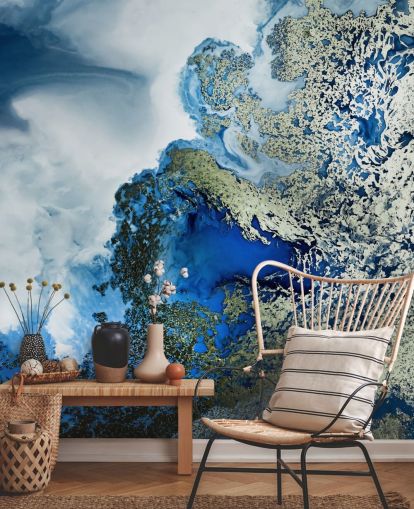 blue, white and gold customizable abstract wall mural called Midnight Reef by Petra Meikle de Vlas