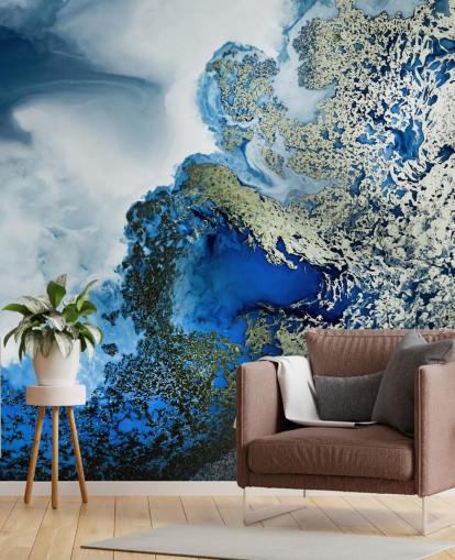 blue, white and gold customizable abstract wall mural called Midnight Reef by Petra Meikle de Vlas