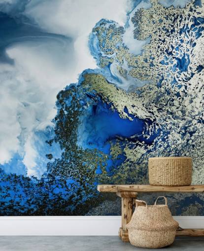 blue, white and gold customizable abstract wall mural called Midnight Reef by Petra Meikle de Vlas blue, white and gold customizable abstract wall mural called Midnight Reef by Petra Meikle de Vlas