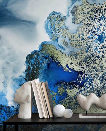 blue, white and gold customisable abstract wall mural called Midnight Reef by Petra Meikle de Vlas blue, white and gold customisable abstract wall mural called Midnight Reef by Petra Meikle de Vlas