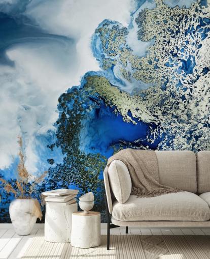 mural de pared abstracto personalizable azul, blanco y dorado llamado Midnight Reef de Petra Meikle de Vlas mural de pared abstracto personalizable azul, blanco y dorado llamado Midnight Reef de Petra Meikle de Vlas