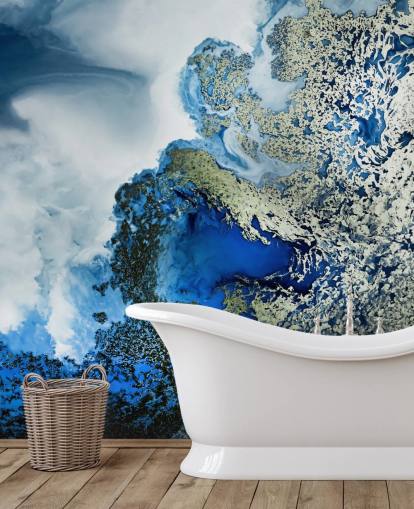 blauw, wit en goud aanpasbare abstracte muurschildering genaamd Midnight Reef van Petra Meikle de Vlas blauw, wit en goud aanpasbare abstracte muurschildering genaamd Midnight Reef van Petra Meikle de Vlas