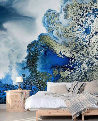 blauw, wit en goud aanpasbare abstracte muurschildering genaamd Midnight Reef van Petra Meikle de Vlas