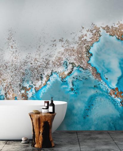 light blue, gray and gold customizable abstract mural called Oasis Exploring by Petra Meikle de Vlas
