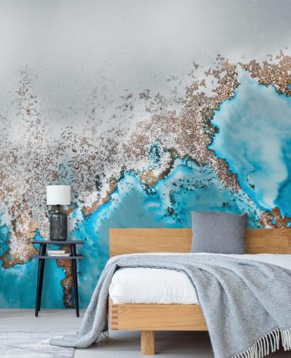 light blue, grey and gold customisable abstract mural called Oasis Exploring by Petra Meikle de Vlas