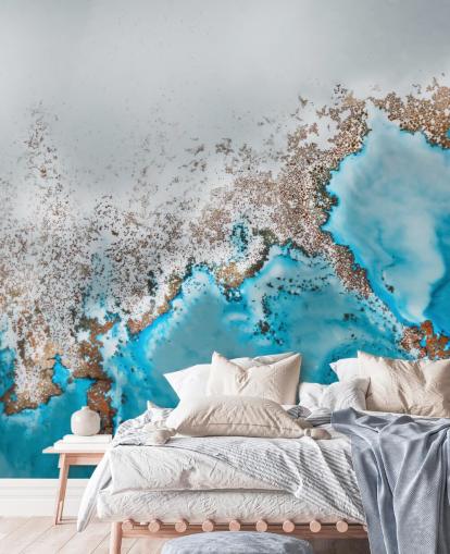 peinture murale abstraite personnalisable bleu clair, gris et or appelée Oasis Exploring de Petra Meikle de Vlas