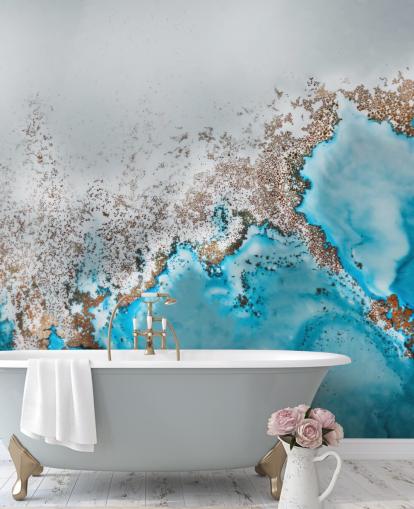 light blue, grey and gold customisable abstract mural called Oasis Exploring by Petra Meikle de Vlas