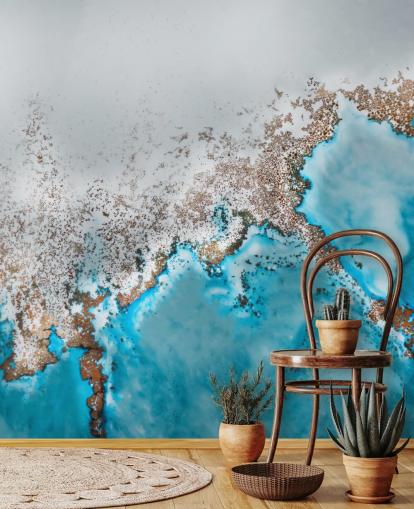 mural abstrato personalizável em azul claro, cinza e dourado chamado Oasis Exploring de Petra Meikle de Vlas