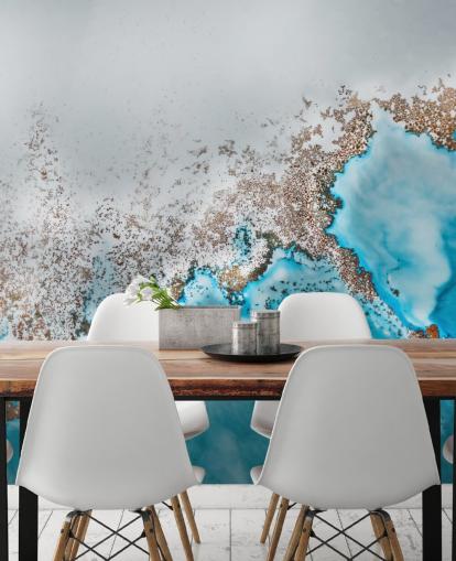 Personalisierbares abstraktes Wandbild in Hellblau, Grau und Gold namens Oasis Exploring von Petra Meikle de Vlas Personalisierbares abstraktes Wandbild in Hellblau, Grau und Gold namens Oasis Exploring von Petra Meikle de Vlas