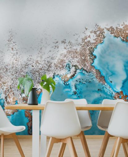 Personalisierbares abstraktes Wandbild in Hellblau, Grau und Gold namens Oasis Exploring von Petra Meikle de Vlas