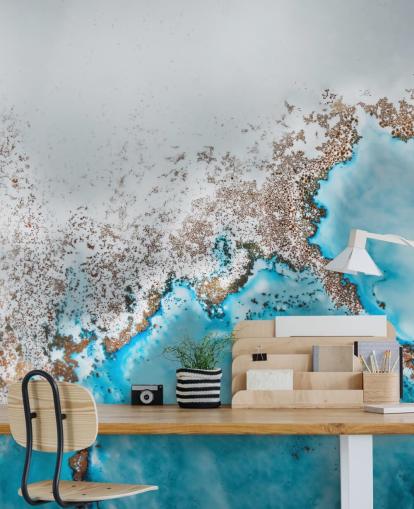 Personalisierbares abstraktes Wandbild in Hellblau, Grau und Gold namens Oasis Exploring von Petra Meikle de Vlas Personalisierbares abstraktes Wandbild in Hellblau, Grau und Gold namens Oasis Exploring von Petra Meikle de Vlas