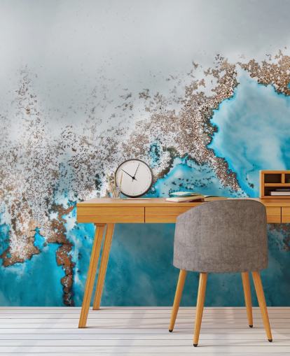 light blue, gray and gold customizable abstract mural called Oasis Exploring by Petra Meikle de Vlas